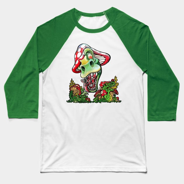 Mushroom Dinosaur Baseball T-Shirt by SimonFagio